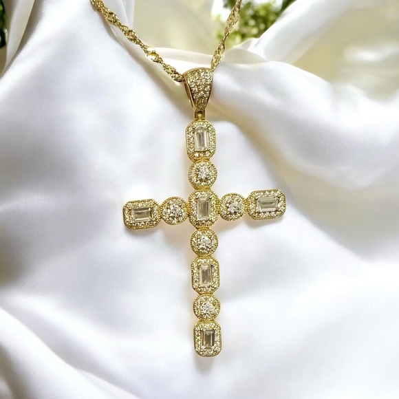 Elegant Gold Over Sterling CZ Cross Pendant Necklace - Picture 9 of 15
